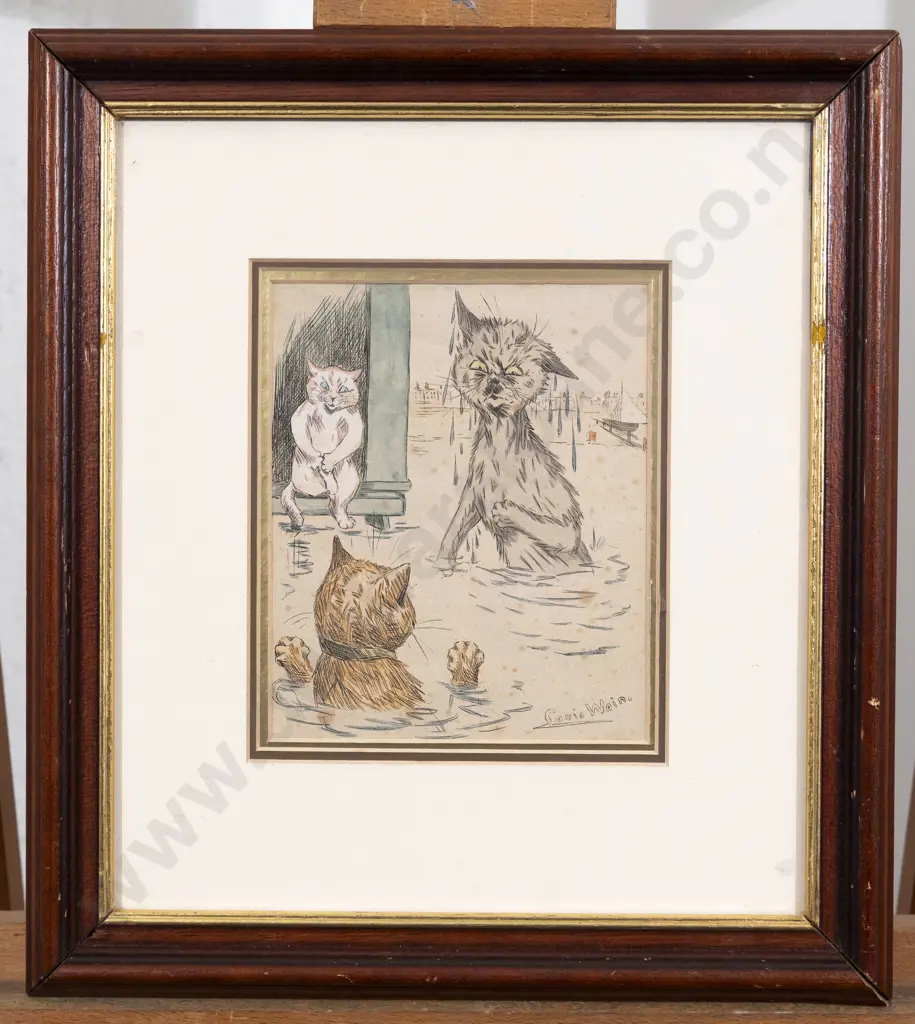 Louis Wain Hand Coloured Print Signed of Three Cats Image 1++