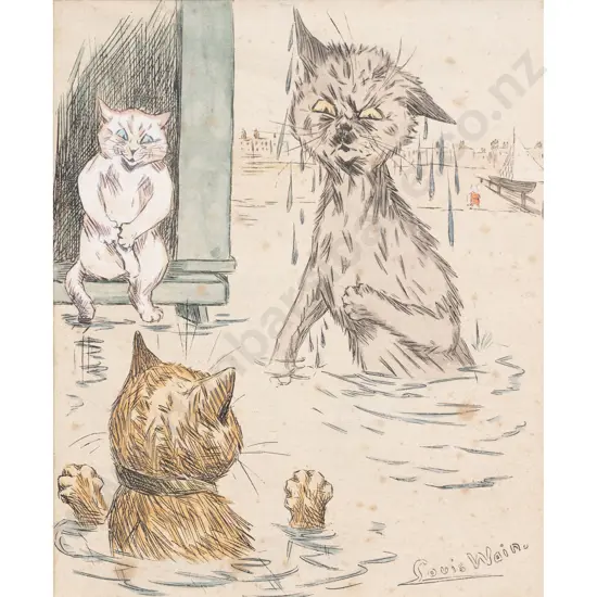 Louis Wain Hand Coloured Print Signed of Three Cats