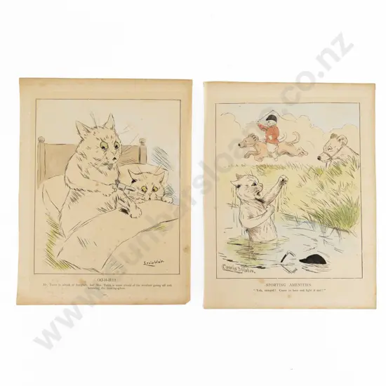Two Louis Wain Hand Coloured Book Plates & Polychrome Print