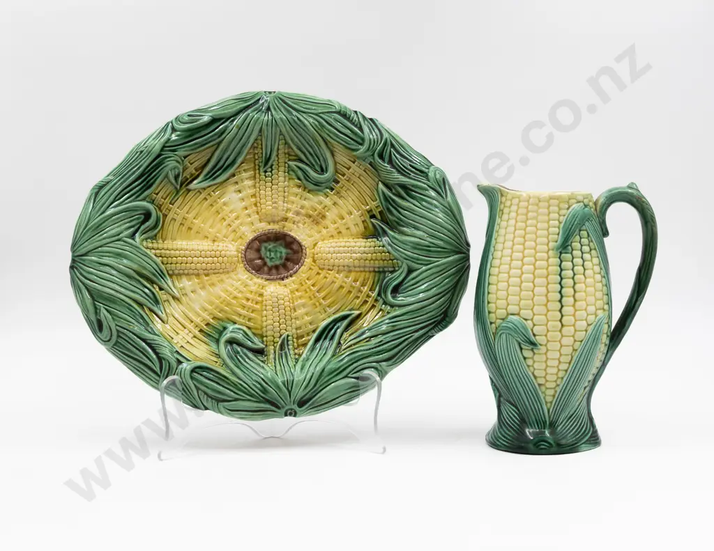 English Majolica Molded Sweetcorn Bread Plate & Milk Jug 34cm L & 21.5cm H Image 1++