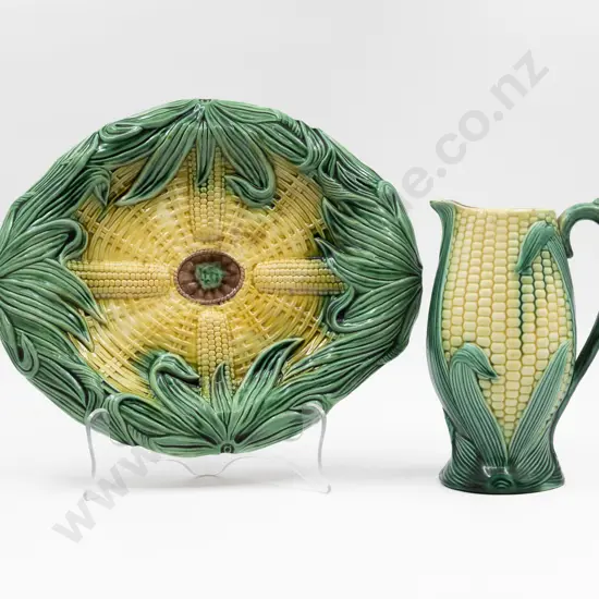 English Majolica Molded Sweetcorn Bread Plate & Milk Jug 34cm L & 21.5cm H