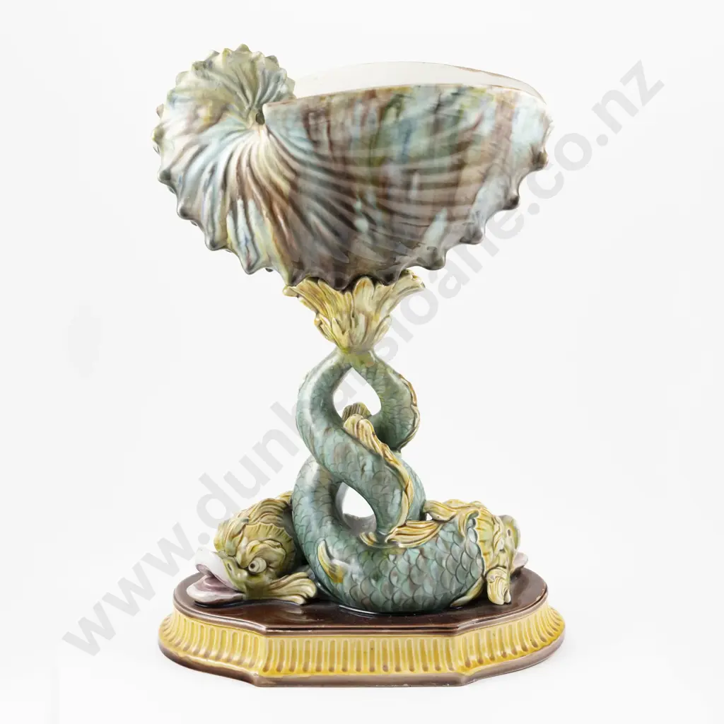 Wedgwood Majolica Conch Shell Twin Entwined Dolphin Table Centre Bowl 41cm H Image 1++