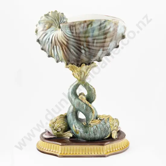 Wedgwood Majolica Conch Shell Twin Entwined Dolphin Table Centre Bowl 41cm H