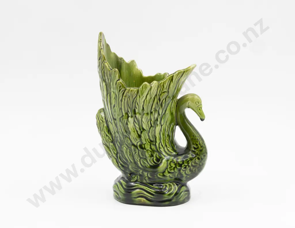 Unidentified Plain Green Majolica Glazed Swan Spill Vase 22cm H Image 1++