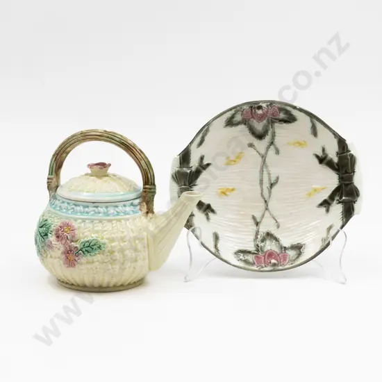 Wedgwood Majolica Glazed Molded Strawberry Dish with Unmarked Teapot