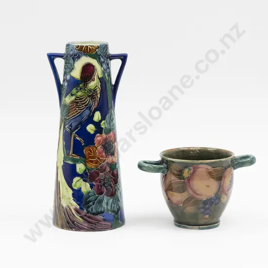 Trogon Ware Tube Line Decorated Tapering Vase 20.5cm H & Moorcroft Double Handled Cup 8cm H