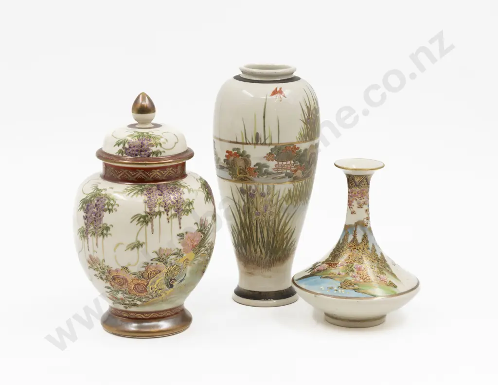 Two Satsuma Vases & Lidded Urn Tallest 18cm H Image 1++