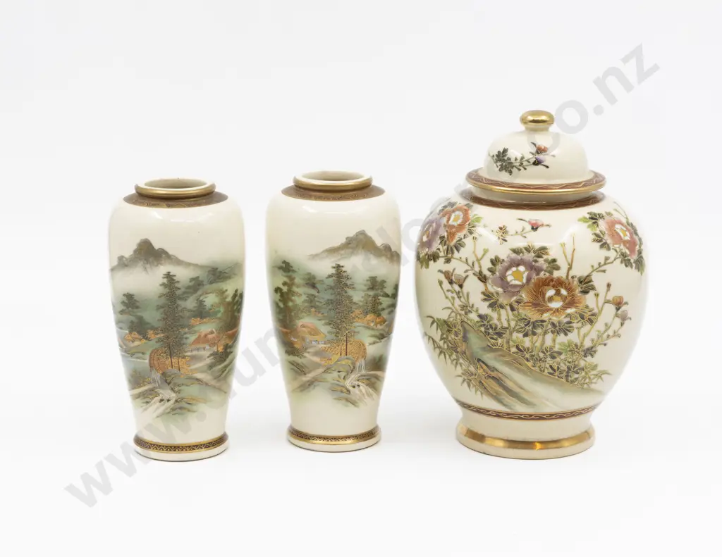 Pair Satsuma Vases & Lidded Urn Tallest 19.5cm H Image 1++
