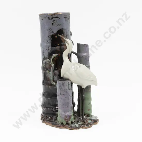 Japanese Three Division Spill Vase with Crane 28cm H