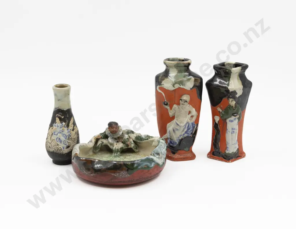 Three Sumida Gawa Vases & Dish Tallest 16cm H Image 1++