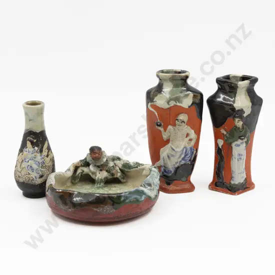 Three Sumida Gawa Vases & Dish Tallest 16cm H