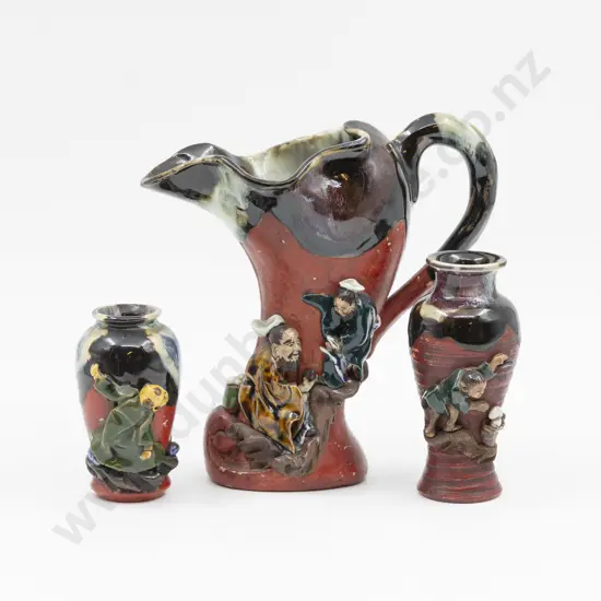 Sumida Gawa Jug & Two Vases Tallest 18.5cm H
