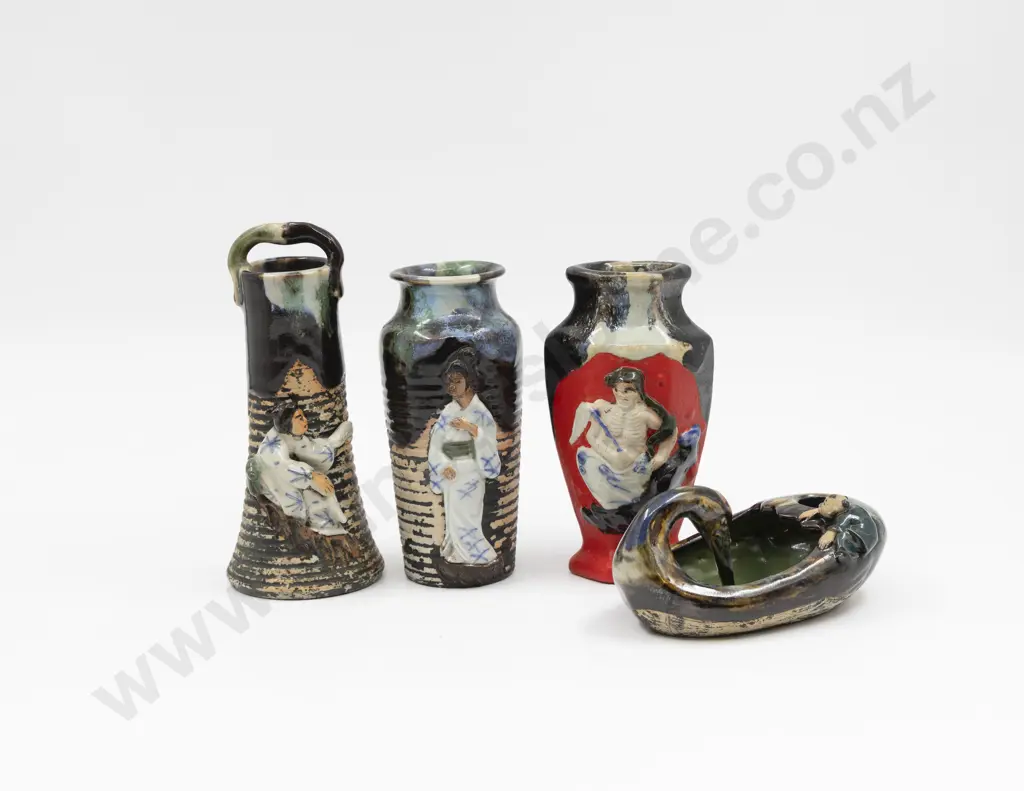 Three Sumida Gawa Vases Dish & Candle Holder Tallest 18cm H Image 1++