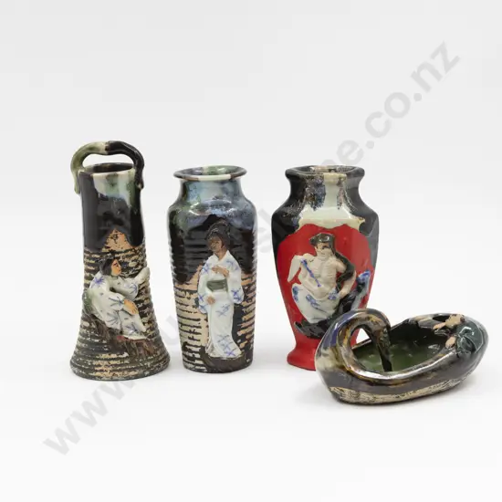 Three Sumida Gawa Vases Dish & Candle Holder Tallest 18cm H