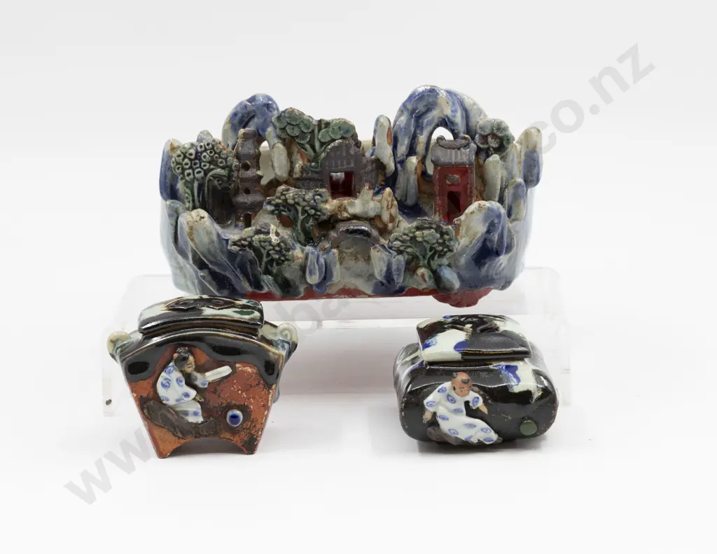 Sumida Gawa Sculpted Trough & Two Incense Burners Largest 20cm L Image 1++