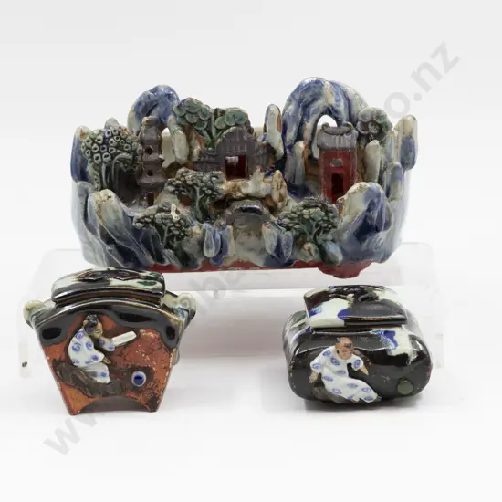 Sumida Gawa Sculpted Trough & Two Incense Burners Largest 20cm L