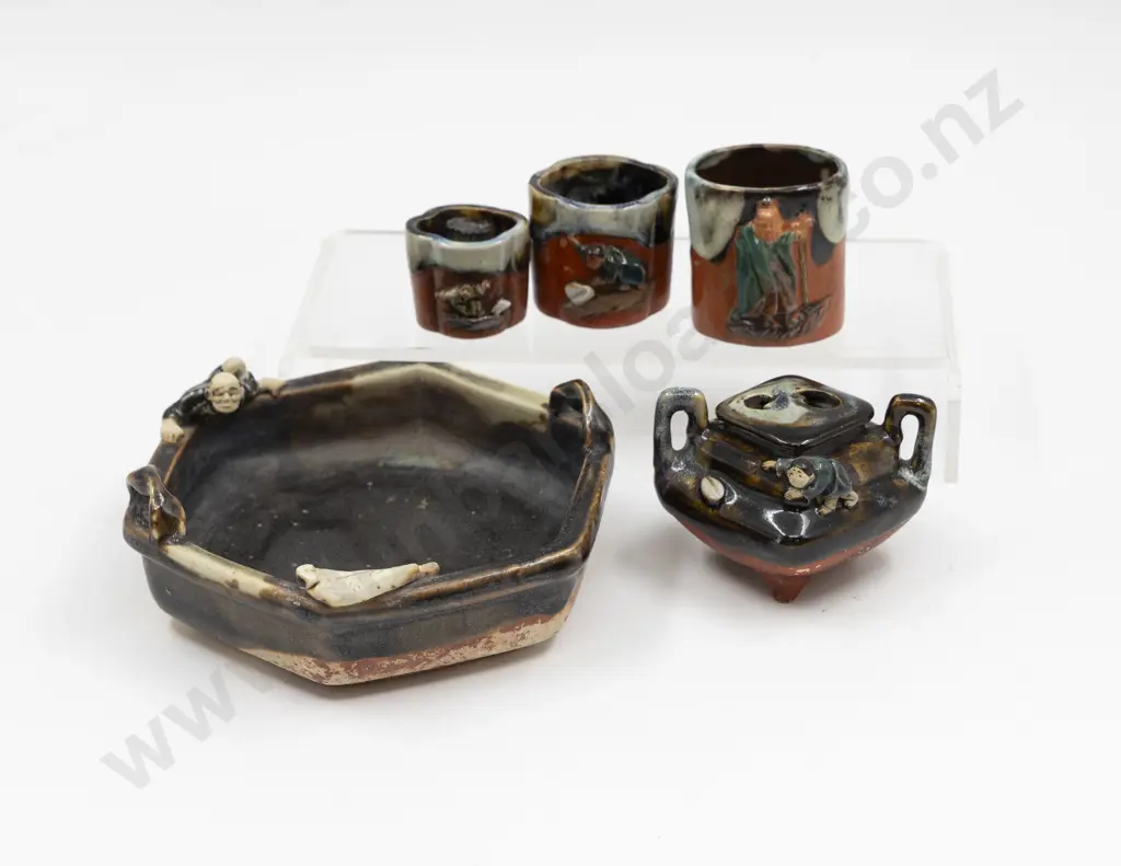 Sumida Gawa Incense Burner Bowl & Three Small Vases (5) Bowl 15cm W Image 1++