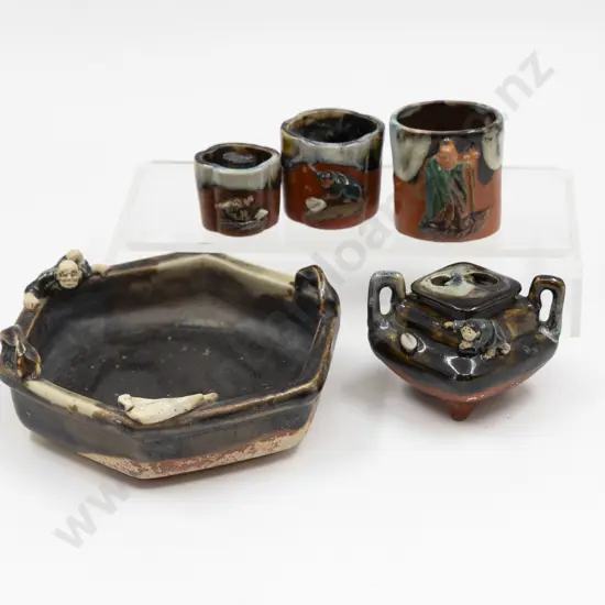 Sumida Gawa Incense Burner Bowl & Three Small Vases (5) Bowl 15cm W