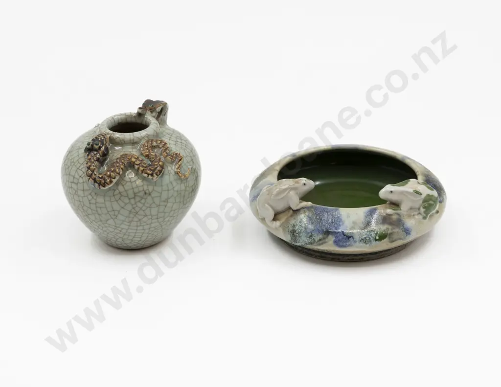 Japanese Bowl 14cm Dia & Vase with Applied Animal Forms Image 1++