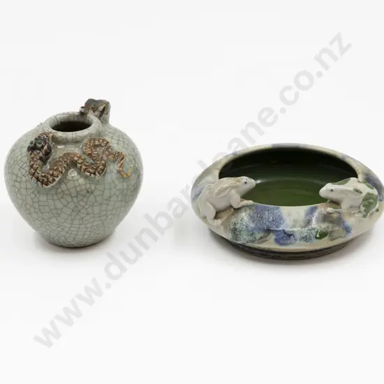 Japanese Bowl 14cm Dia & Vase with Applied Animal Forms