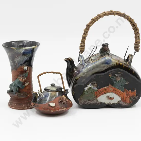 Two Sumida Gawa Teapots & Vase Tallest 11cm H