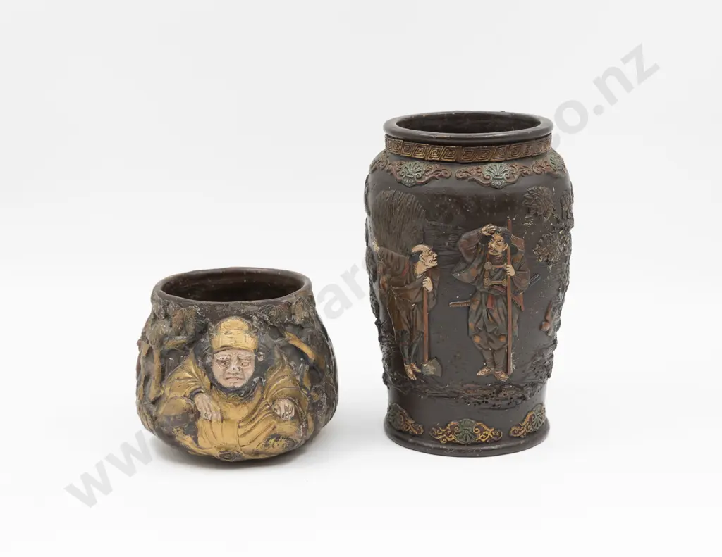 Two Japanese Relief Moulded Vases Tallest 24cm H Image 1++