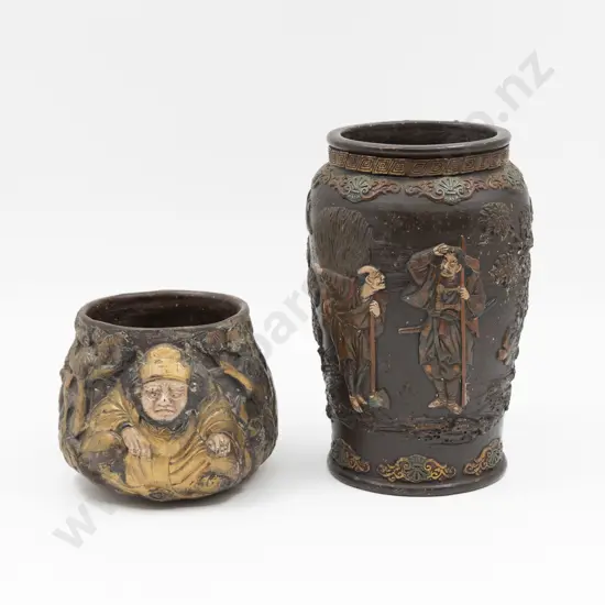 Two Japanese Relief Moulded Vases Tallest 24cm H
