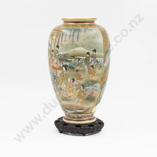 Large Satsuma Vase with Carved Hardwood Stand 34cm H