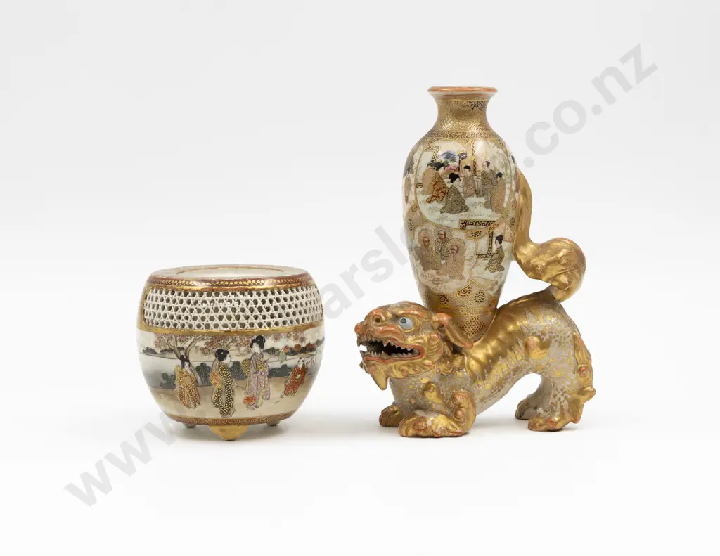 Satsuma Vase on Dragon Base 18cm H & Incense Burner Missing Lid Image 1++