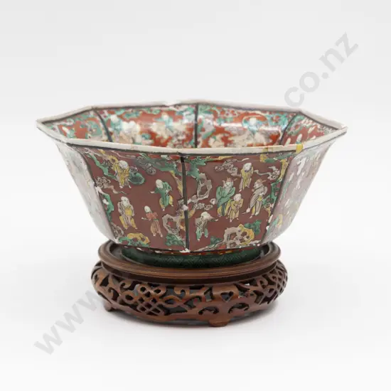 Chinese Famille Verte Octagonal Bowl (Faults) on Hardwood Stand 21cm W