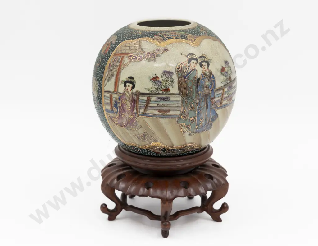 Royal Satsuma Hand-Painted Ovoid Vase on Carved Hardwood Stand 23.5cm H Overall Image 1++