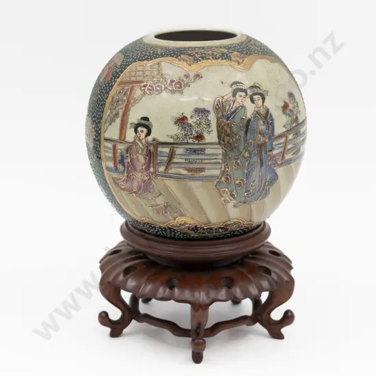 Royal Satsuma Hand-Painted Ovoid Vase on Carved Hardwood Stand 23.5cm H Overall