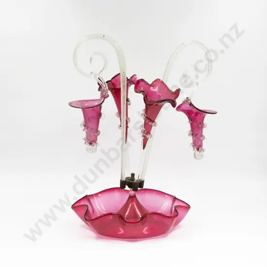 Victorian Cranberry Glass Epergne with Two Hanging Posy Baskets 43cm H