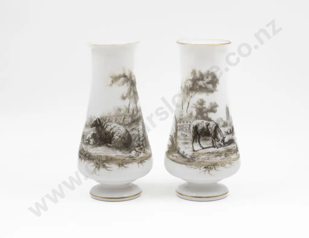 Pair Victorian Hand-Painted & Transfer Decorated Glass Vases 25.5cm H Image 1++