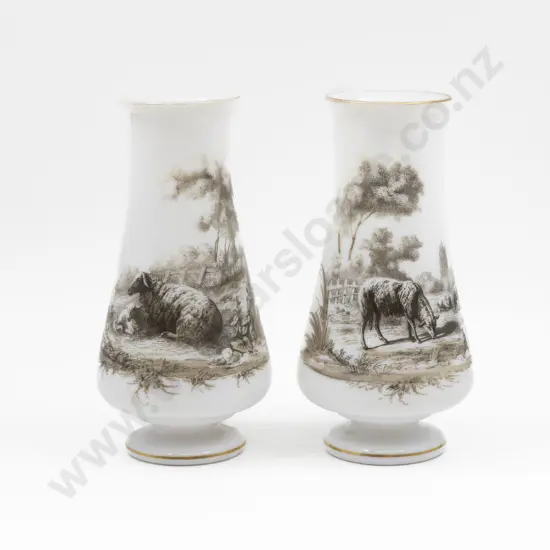 Pair Victorian Hand-Painted & Transfer Decorated Glass Vases 25.5cm H
