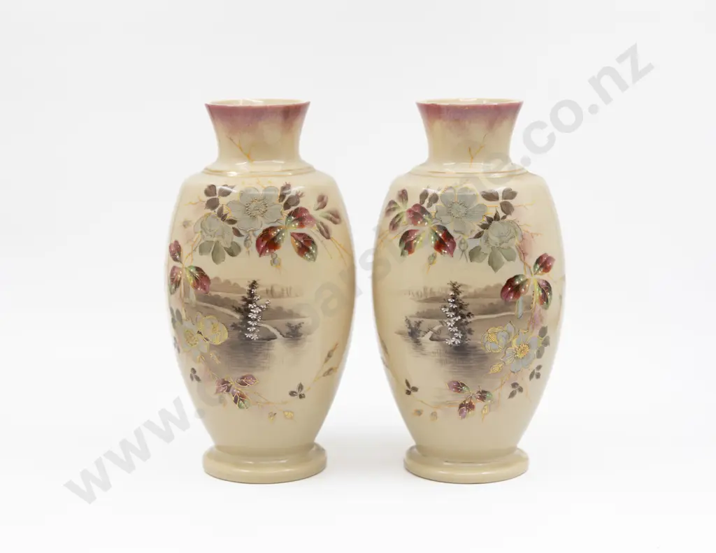 Pair Victorian Hand-Painted Glass Mantel Vases 28cm H Image 1++