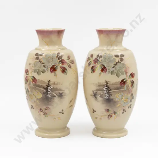 Pair Victorian Hand-Painted Glass Mantel Vases 28cm H