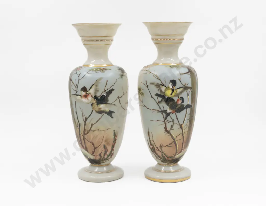 Pair Victorian Hand-Painted Glass Mantel Vases 34cm H Image 1++