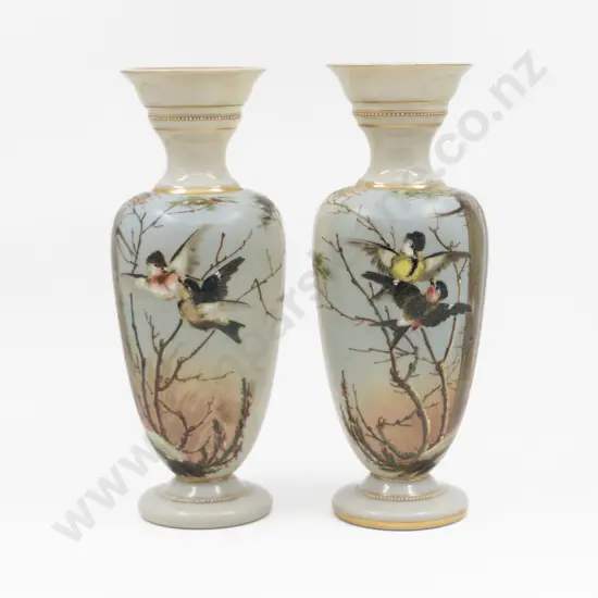 Pair Victorian Hand-Painted Glass Mantel Vases 34cm H