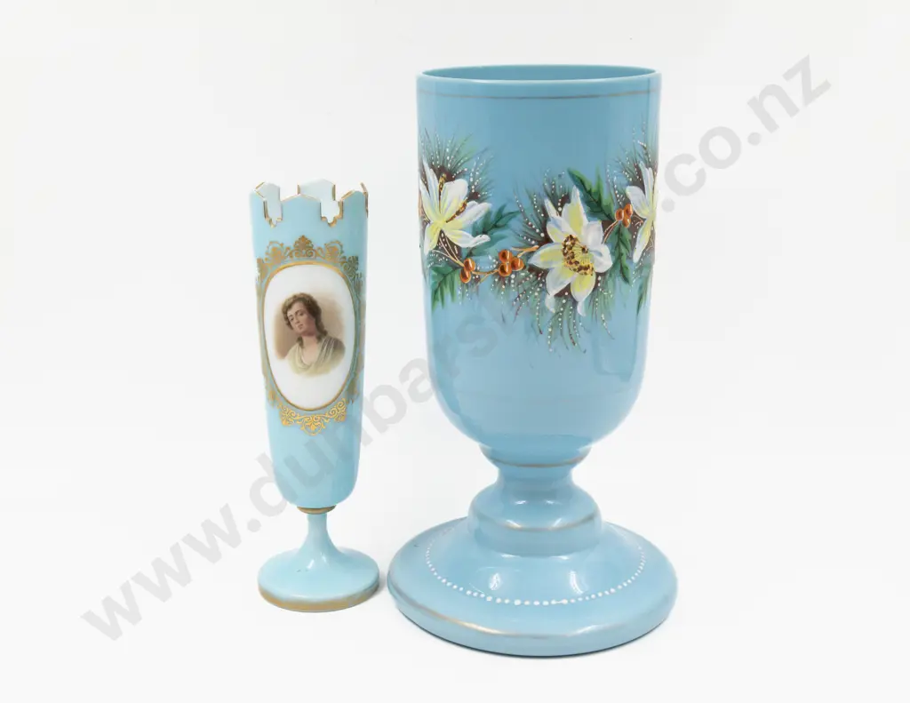 Victorian Hand-Painted Blue Glass Vase 28.5cm H & Other Image 1++