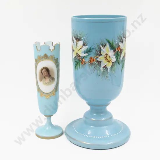 Victorian Hand-Painted Blue Glass Vase 28.5cm H & Other