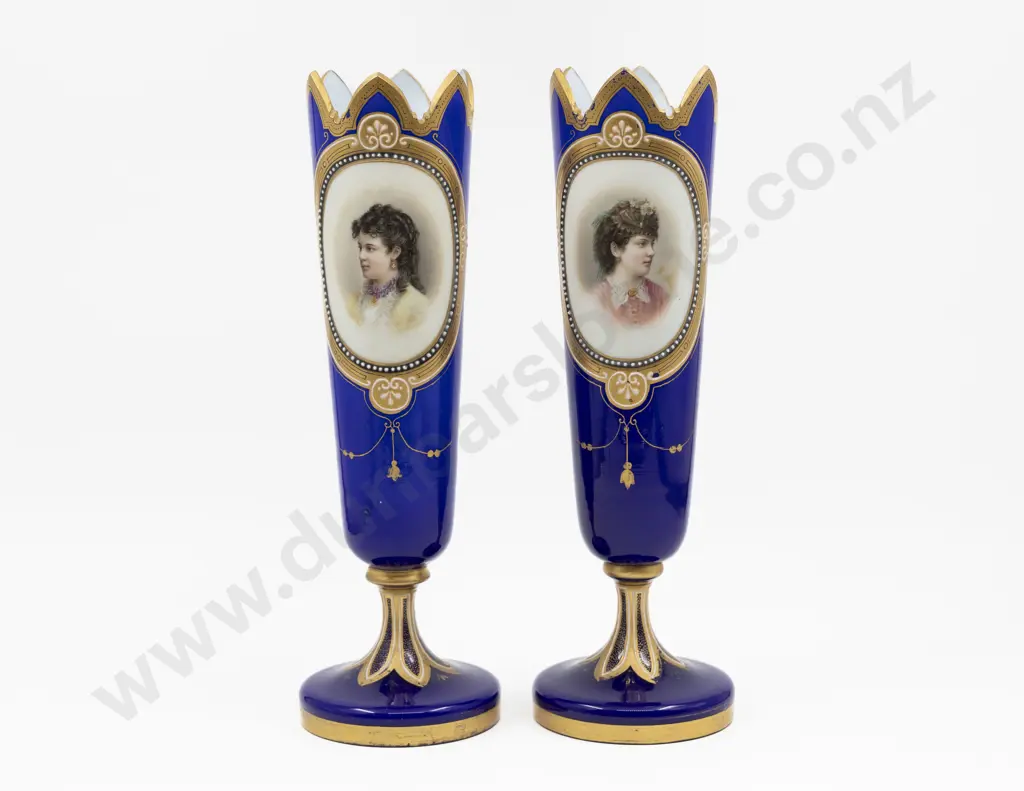 Pair Victorian Portrait Decorated Glass Mantel Vases 36.5cm H Image 1++