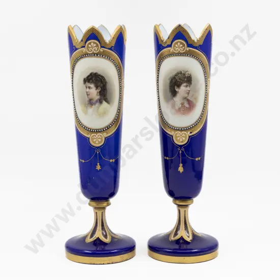 Pair Victorian Portrait Decorated Glass Mantel Vases 36.5cm H