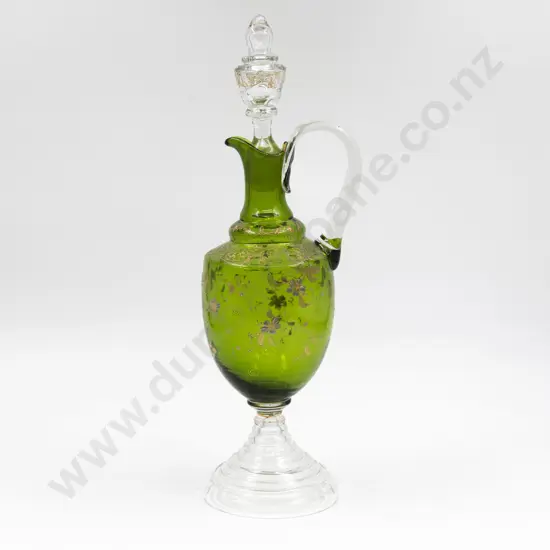 Late C19th Bohemian Glass Footed Ewer with Faults to Stopper