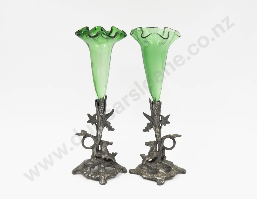 Pair Victorian Glass Vases on Pewter Stands 24.5cm H Image 1++
