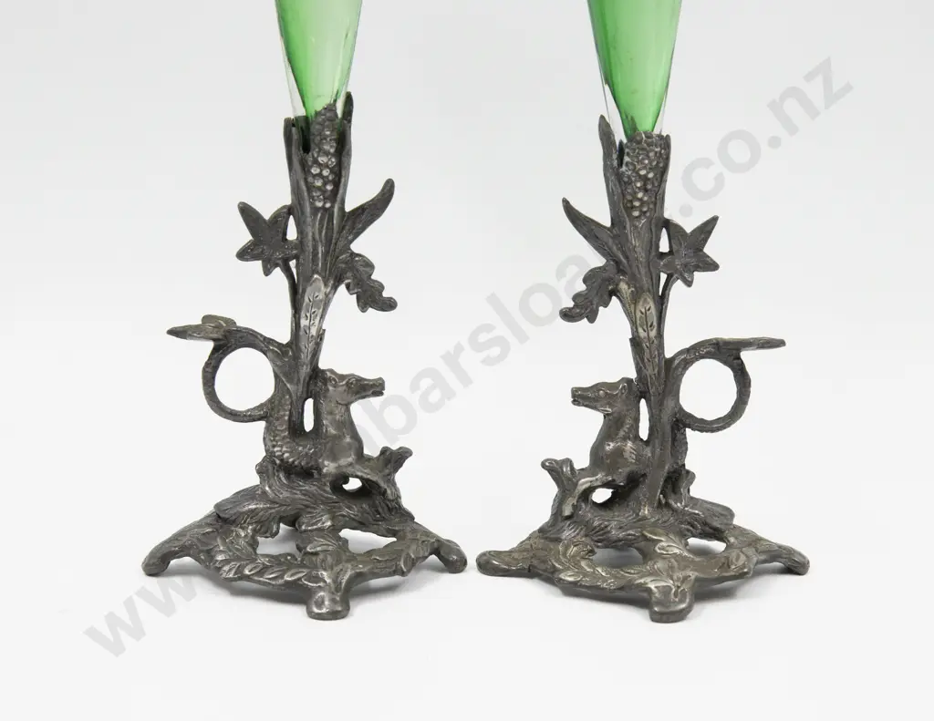 Pair Victorian Glass Vases on Pewter Stands 24.5cm H Image 1++