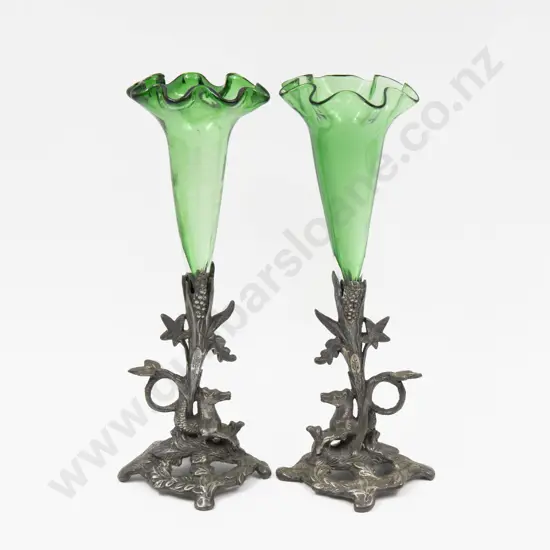 Pair Victorian Glass Vases on Pewter Stands 24.5cm H