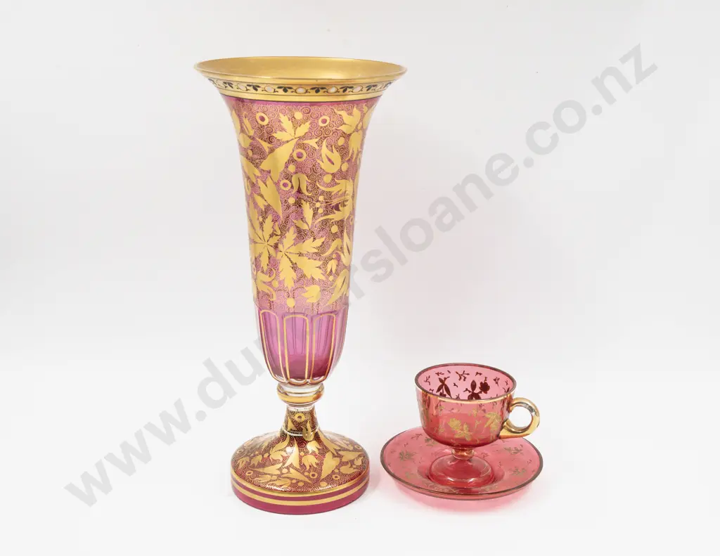 Bohemian Gilt Decorated Footed Glass Trumpet Vase 31.5cm H & Other Image 1++