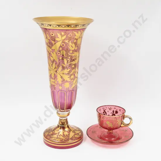 Bohemian Gilt Decorated Footed Glass Trumpet Vase 31.5cm H & Other