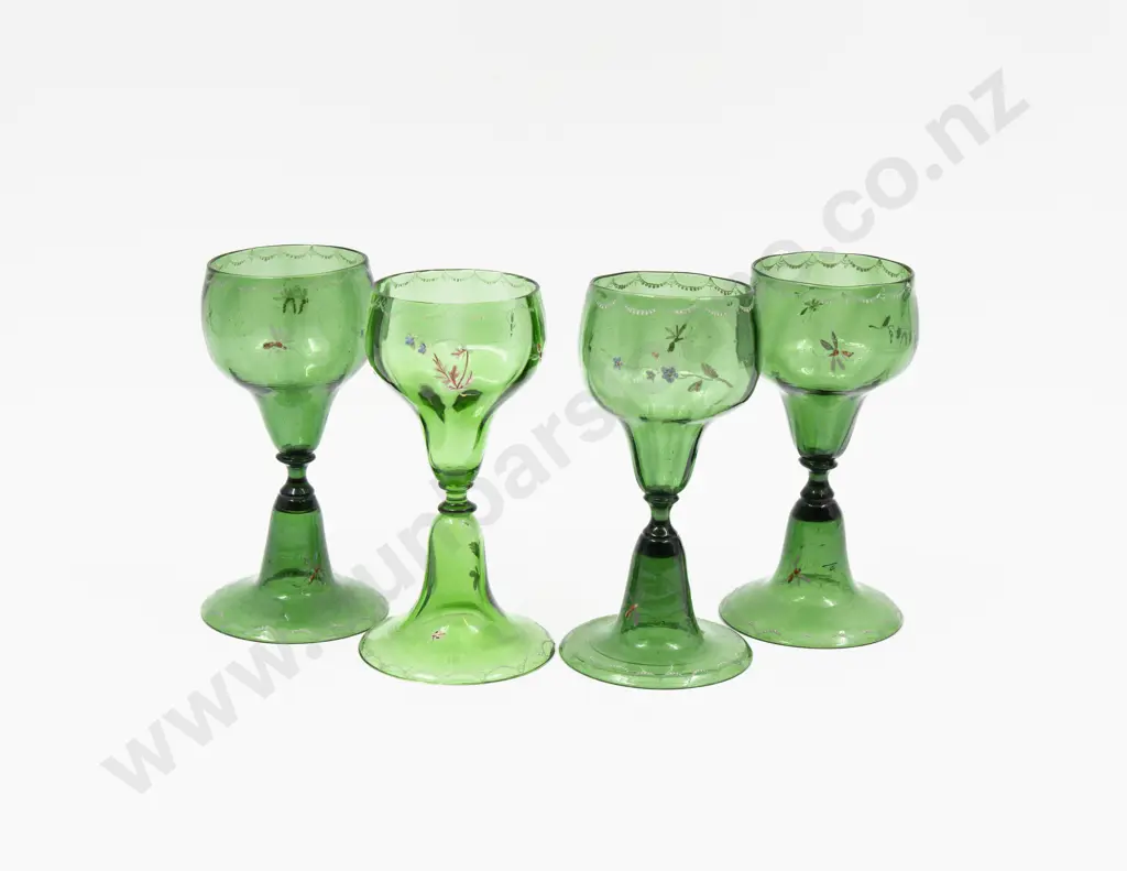 Four Bohemian Glasses Hand-Painted with Insects & Flowers 12.5cm H Image 1++
